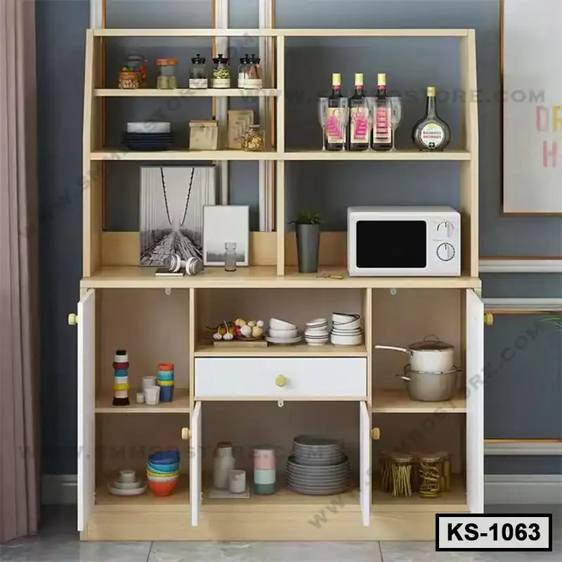 Modern wooden kitchen shelf with storage, microwave, kitchenware, spices, and dishes