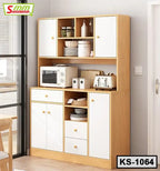 Modern wooden kitchen shelf with white cabinets, drawers, and countertop appliances
