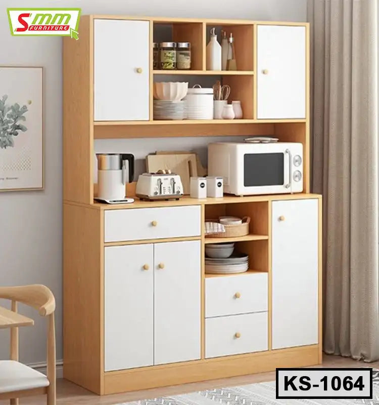 Modern wooden kitchen shelf with white cabinets, microwave, toaster, and tableware organized.