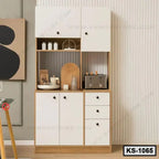 Modern white and wood kitchen shelf cabinet with storage drawers and open shelving
