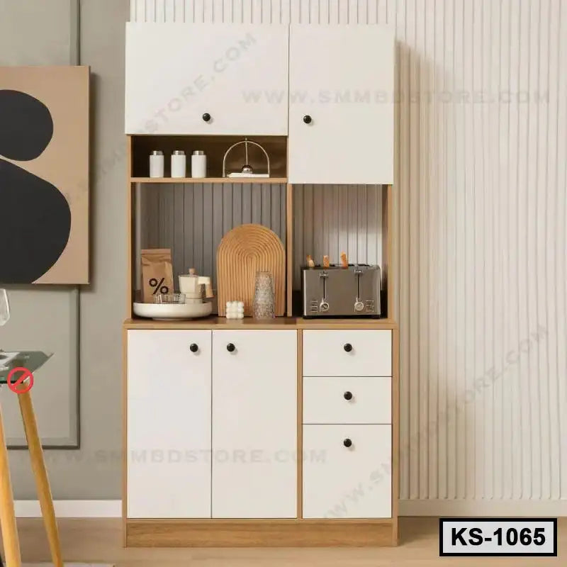 Modern white and wood kitchen shelf cabinet with storage drawers and open shelving