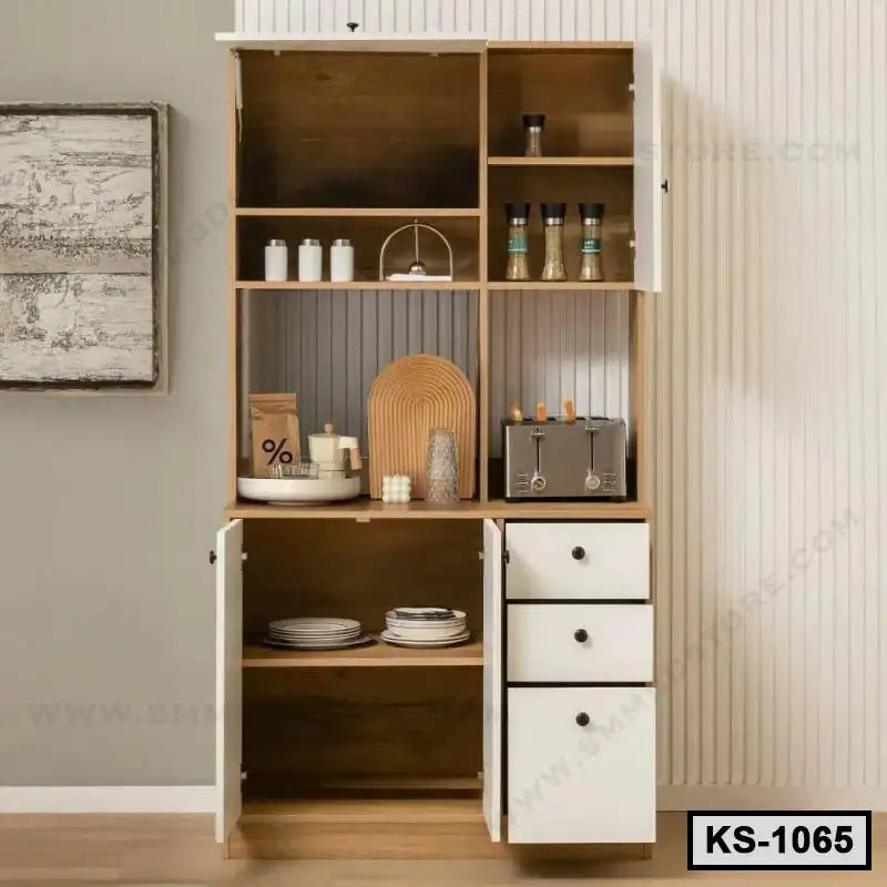 Modern kitchen shelf with open cabinets, white drawers, and small kitchen appliances