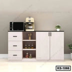 Modern kitchen shelf with drawers, open shelves, microwave, coffee maker, and spice jars