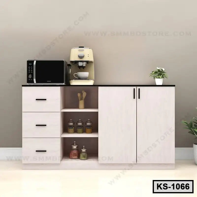 Modern kitchen shelf with drawers, open shelves, microwave, coffee maker, and spice jars