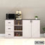 Modern kitchen shelf with drawers, open shelves, microwave, coffee maker, and spice jars