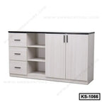 Modern kitchen shelf with drawers, open shelves, and double-door cabinet in light wood finish