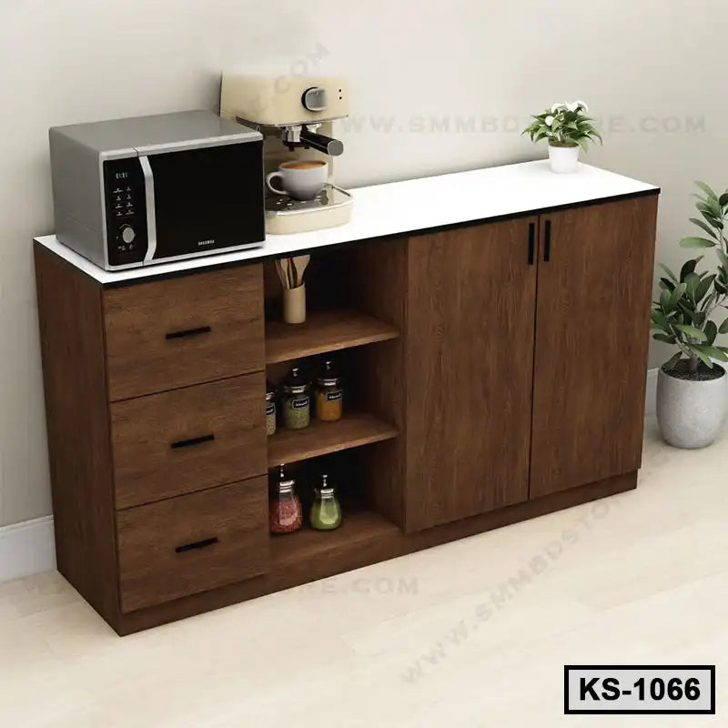 Modern wooden kitchen shelf with white countertop, drawers, open shelves, microwave, and coffee maker. Main image