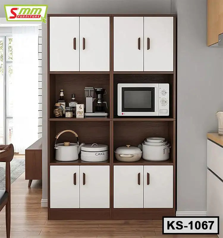 Modern kitchen cabinet with white doors, shelves holding cookware, microwave, and appliances Main image