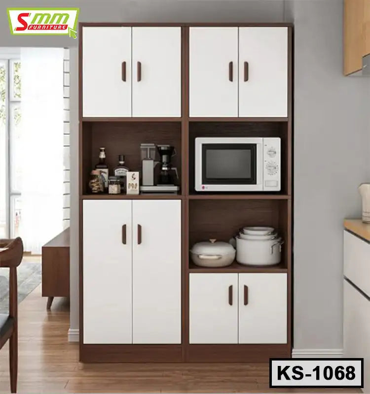 Modern kitchen shelf with microwave, coffee maker, cabinets, and cookware, wooden finish