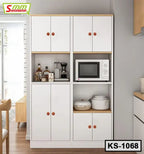 Modern white kitchen shelf with cabinets, microwave, kitchenware, and small appliances