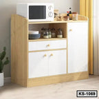 Modern kitchen shelf with storage cabinets, drawers, countertop microwave, and spice jars