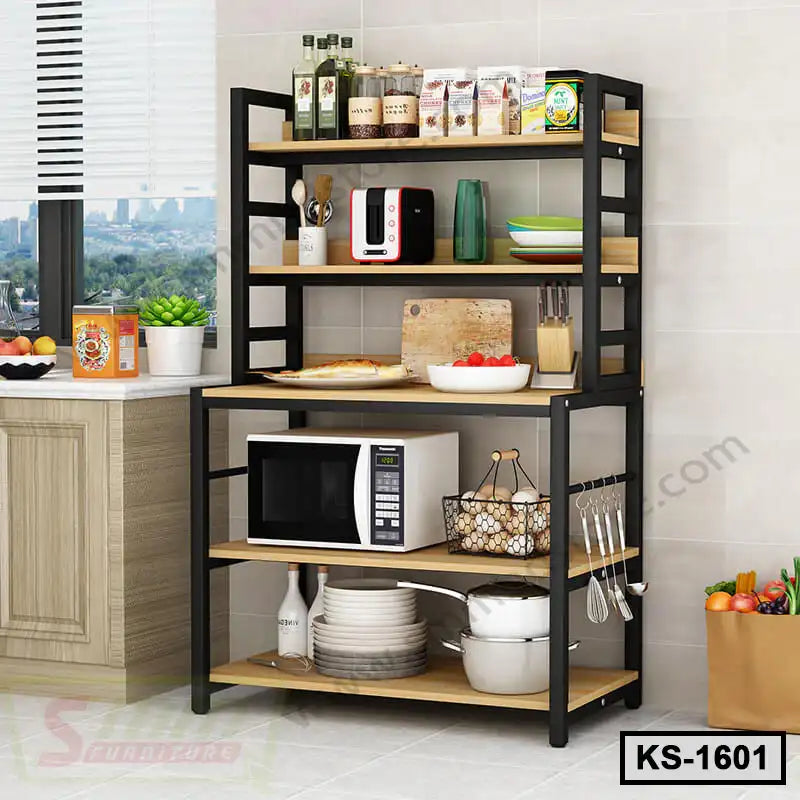 Modern kitchen shelf with black metal frame, wooden shelves, microwave, utensils, and food items
