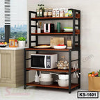 Modern kitchen shelf organizer with microwave, utensils, and food items on display.