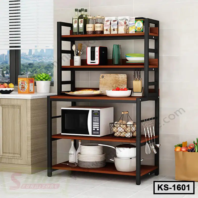 Modern kitchen shelf organizer with microwave, utensils, and food items on display.