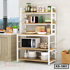 Modern kitchen shelf organizer with microwave, dishes, utensils, and storage shelves.