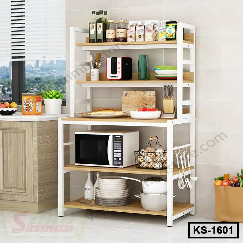 Modern kitchen shelf organizer with microwave, dishes, utensils, and storage shelves.