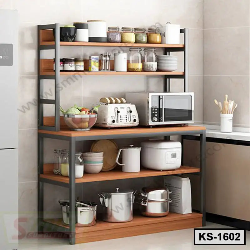 Modern kitchen shelf organizer with jars, appliances, utensils, and cookware displayed Main image