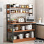 Modern kitchen shelf organizer with jars, appliances, utensils, and cookware displayed