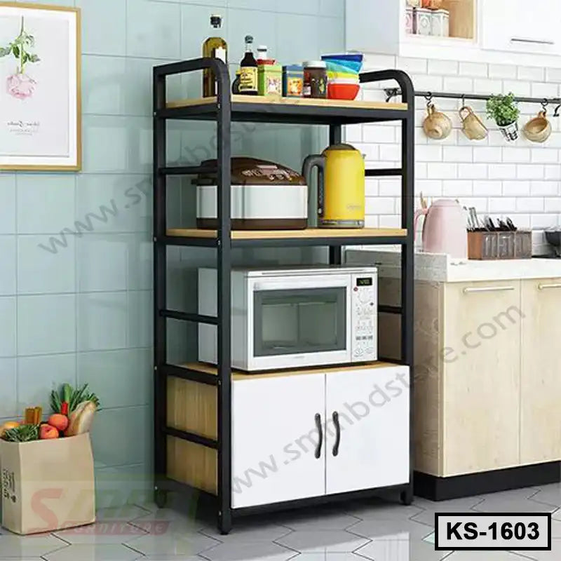 Modern kitchen shelf with microwave, rice cooker, storage and countertop appliances
