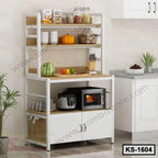 Modern kitchen shelf organizer with microwave, rice cooker, utensils, and open storage shelves