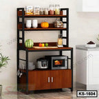Modern kitchen shelf rack with wood and metal frame, holding microwave, jars, and vegetables