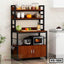 Modern kitchen shelf rack with wood and metal frame, holding microwave, jars, and vegetables