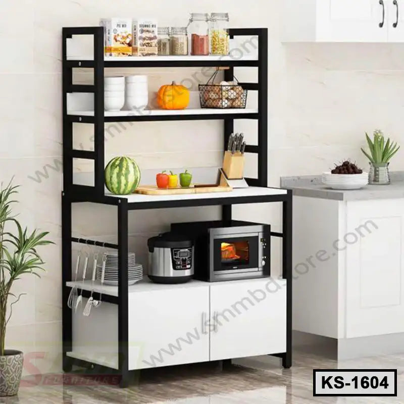 Modern black and white kitchen shelf with storage, jars, fruit, oven, and utensils organized