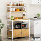Modern kitchen shelf with wooden cabinets, microwave, rice cooker, and organized storage