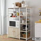 Modern kitchen shelf with microwave, storage baskets, and kitchen essentials on display.