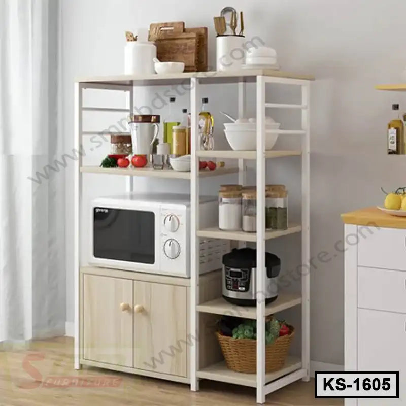 Modern kitchen shelf with microwave, storage baskets, and kitchen essentials on display.
