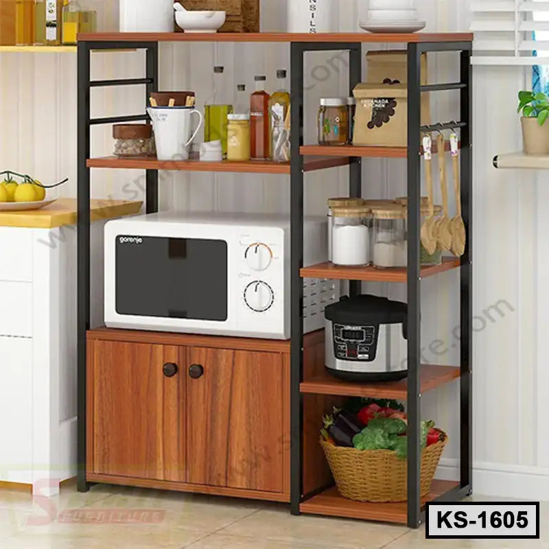 Modern kitchen shelf with wood and metal frame, microwave, jars, and storage compartments
