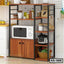 Modern kitchen shelf with wood and metal frame, microwave, jars, and storage compartments