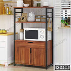 Modern wooden kitchen shelf with black frame, microwave oven, storage cabinets, and utensils.