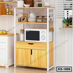 Wooden kitchen shelf with storage drawers, microwave, and organized utensils in a modern kitchen