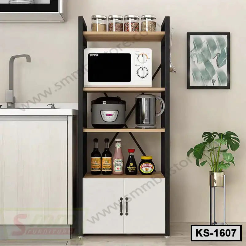 Modern kitchen shelf with microwave, rice cooker, jars, and condiments beside a sink.
