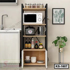 Modern kitchen shelf with microwave, jars, appliances, spices, and dishes, wooden and black design
