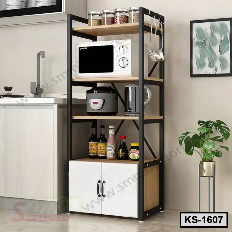 Modern kitchen storage rack with microwave, spice jars, and utensils, ideal for home organization. Main image