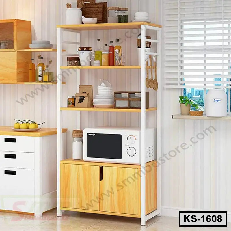 Modern wooden kitchen storage rack with shelves, microwave, and kitchenware beside a window