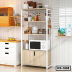 Modern kitchen shelf organizer with open wood shelves, microwave, and kitchen utensils.