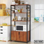 Modern wooden kitchen shelf with metal frame, microwave, and neatly organized dishes