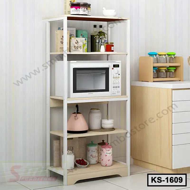 Modern kitchen shelf organizer with microwave, jars, and utensils on multiple tiers Main image