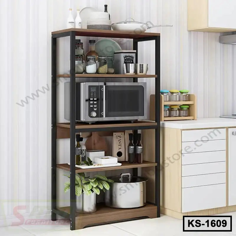 Modern kitchen shelf with microwave, dishes, cookware, and storage jars