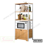 Modern kitchen storage shelf with microwave compartment, wooden shelves, and white frame