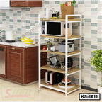 Modern kitchen shelf organizer with microwave, appliances, and utensils on wooden racks
