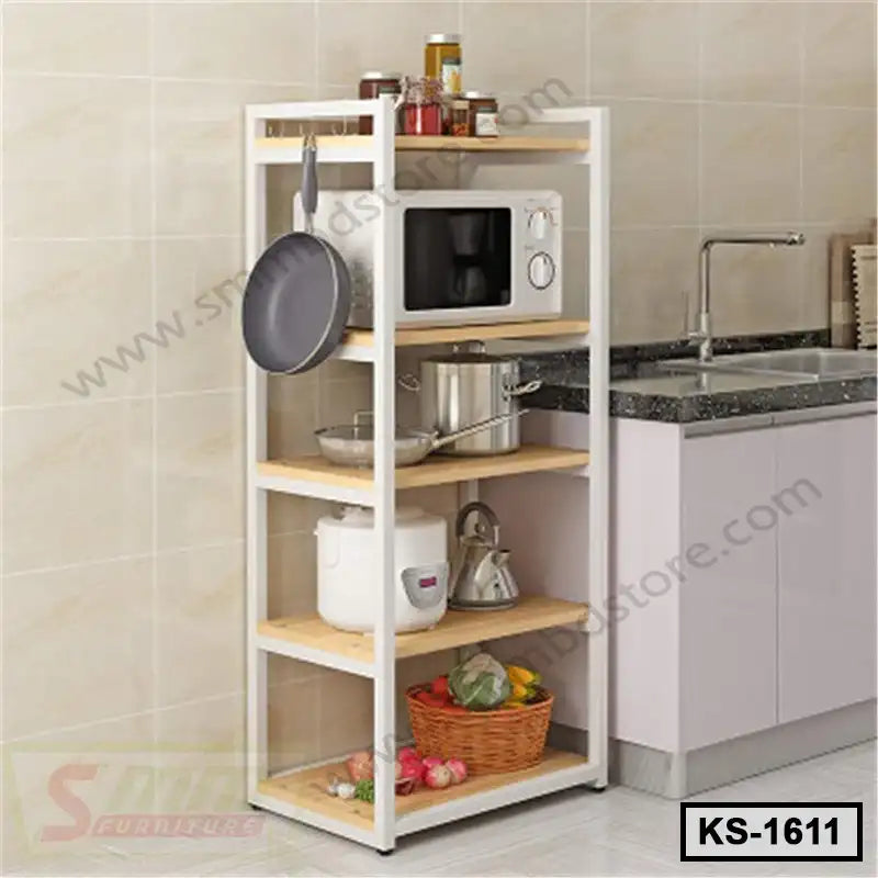 Modern kitchen shelf with microwave, cookware, and storage baskets beside sink