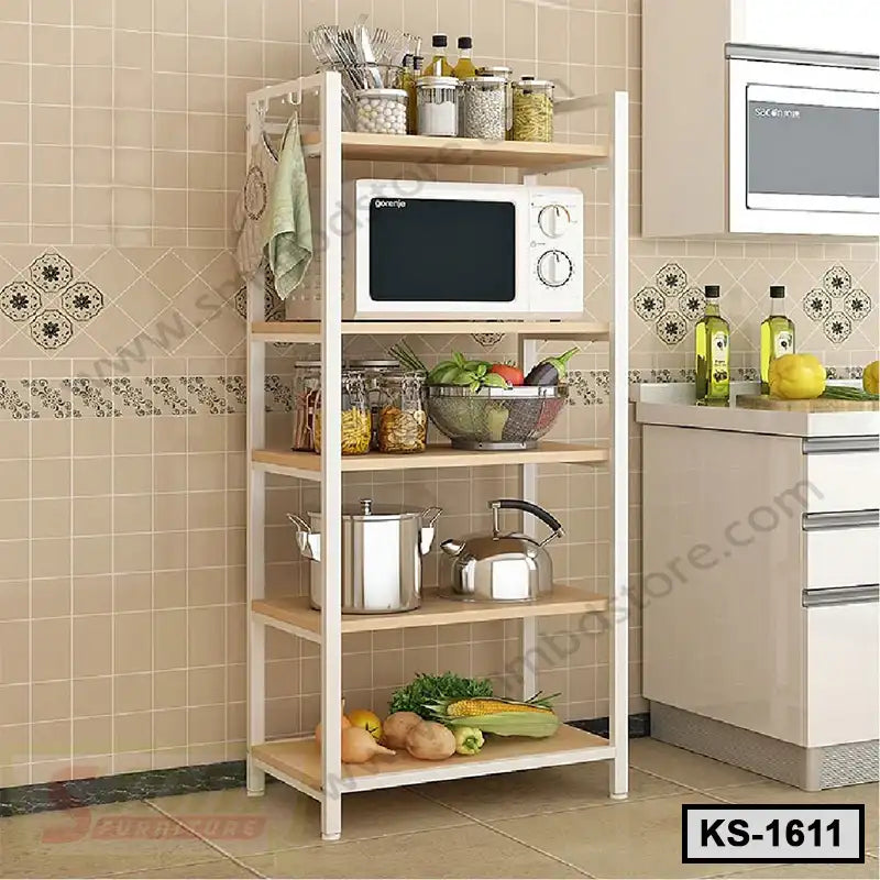 Modern wooden kitchen shelf with microwave and organized storage containers Main image