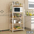 Modern wooden kitchen shelf with microwave and organized storage containers