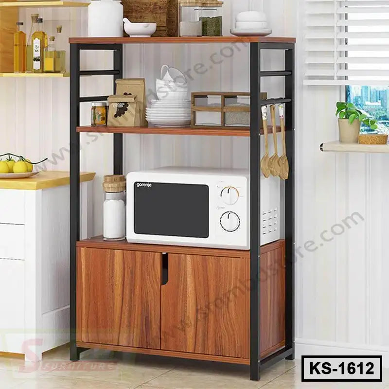 Modern kitchen shelf with wooden finish, black metal frame, microwave, utensils, and storage cabinets