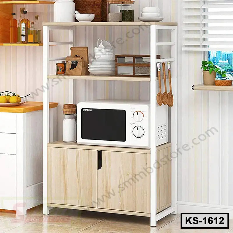 Modern wooden kitchen shelf with microwave, storage cabinets, and utensils, placed in a bright kitchen.