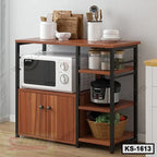Modern kitchen shelf with wooden shelves, microwave, utensils, storage jars, and vegetable basket